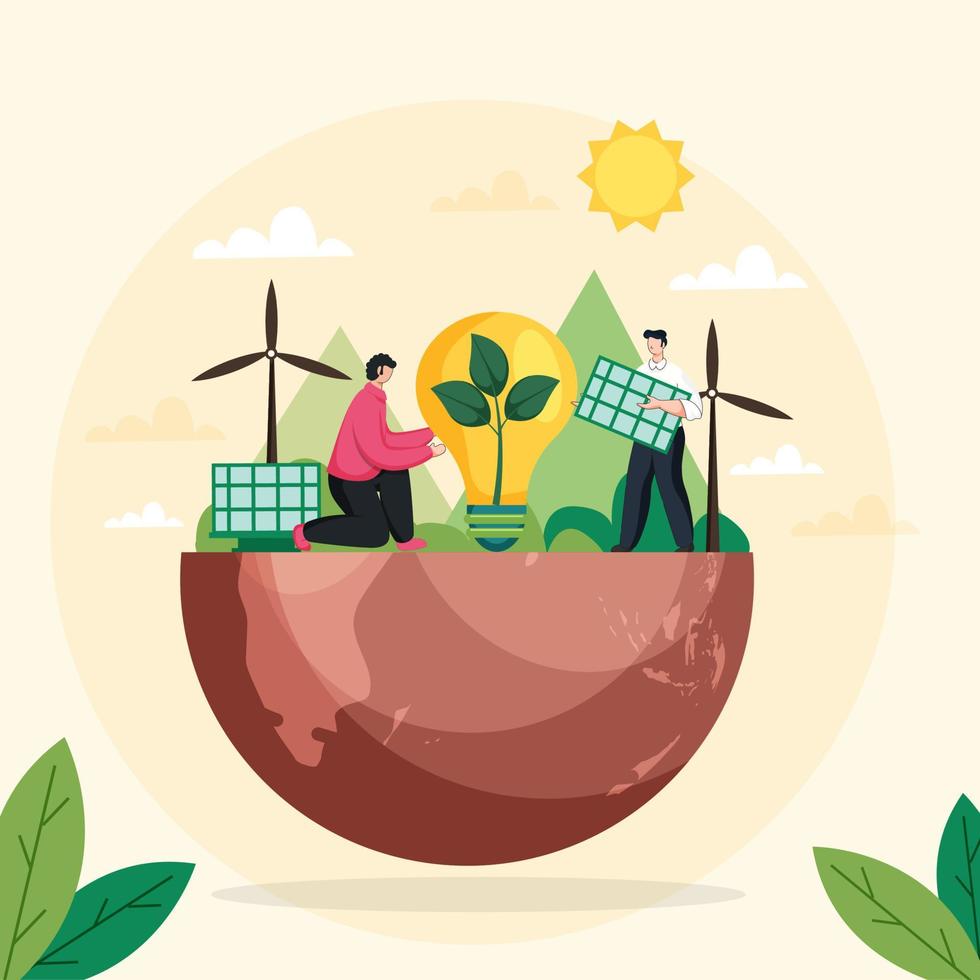 Cartoon Two Men Character with Eco Bulb, Solar Panels, Windmills on Half Earth Globe and Sun Background. Save Environment. vector