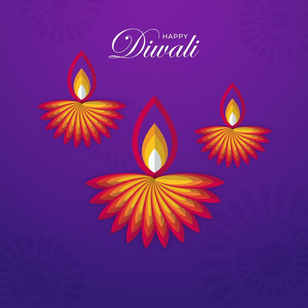 contento diwali fuente con creativo papel cortar petróleo lamparas en púrpura antecedentes. vector