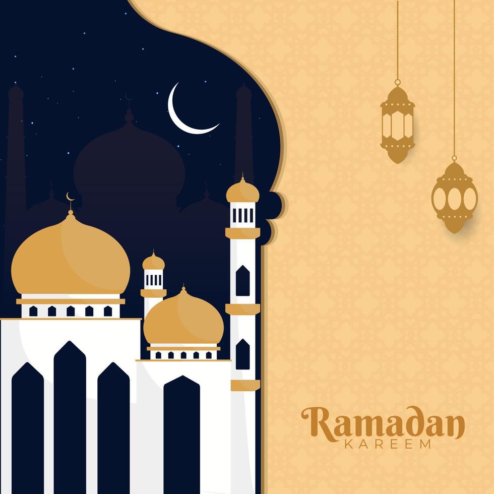 islámico santo mes de Ramadán kareem concepto con hermosa mezquita, colgando linternas y crecent Luna. vector