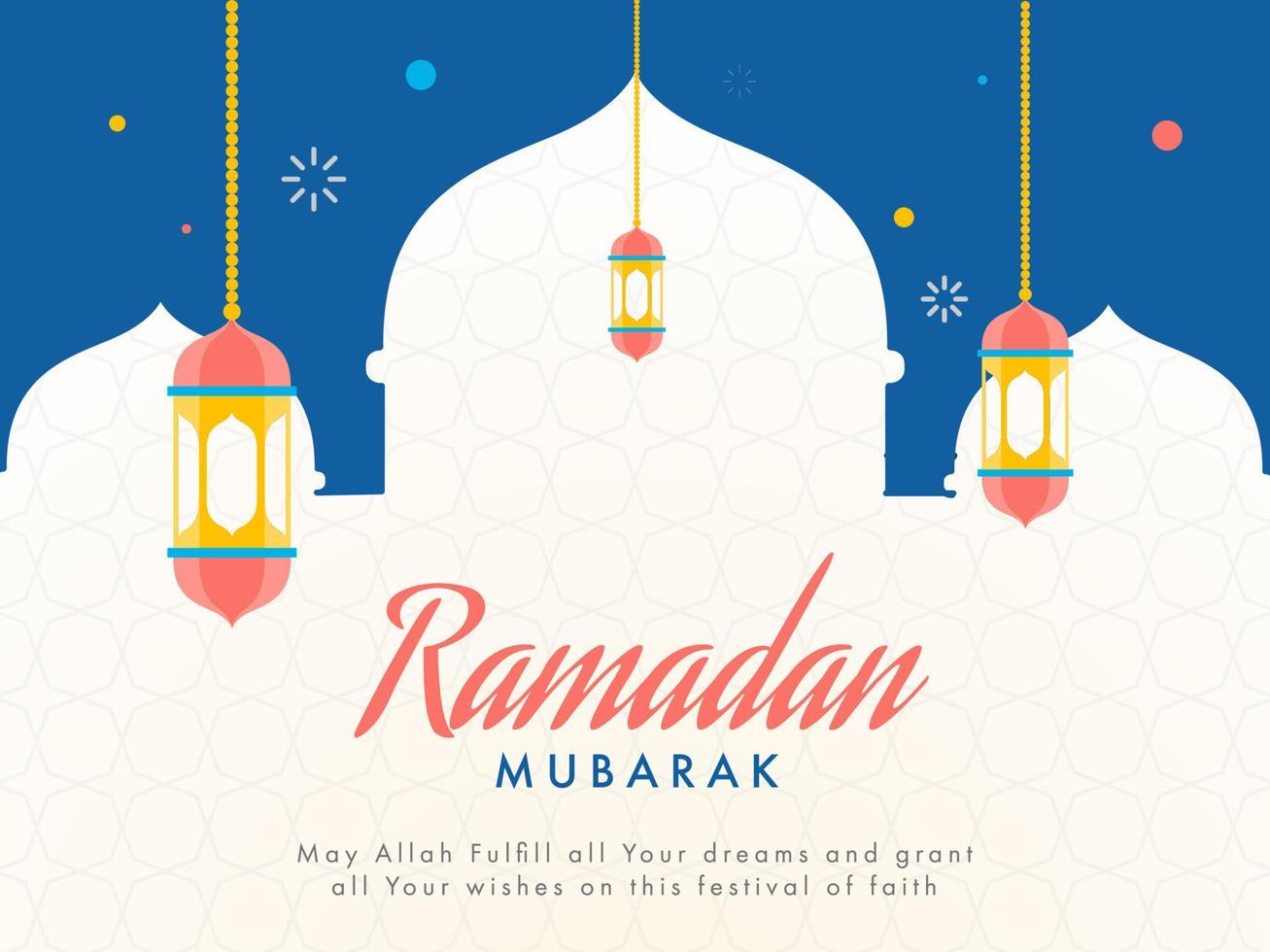 Islamic holy month of Ramdan Mubarak concept with hanging colorful lanterns and mosque on blue background. vector