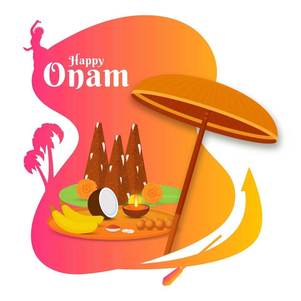 Happy Onam Celebration Concept with Thrikkakara Appan Idol, Fruits, Worship Plate and Maveli Olakkuda on Abstract Background. vector