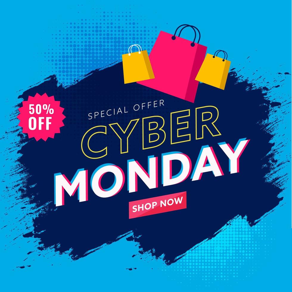 Cyber Monday Sale Poster Design with Discount Offer and Shopping Bags on Blue Brush Halftone Effect Background. vector