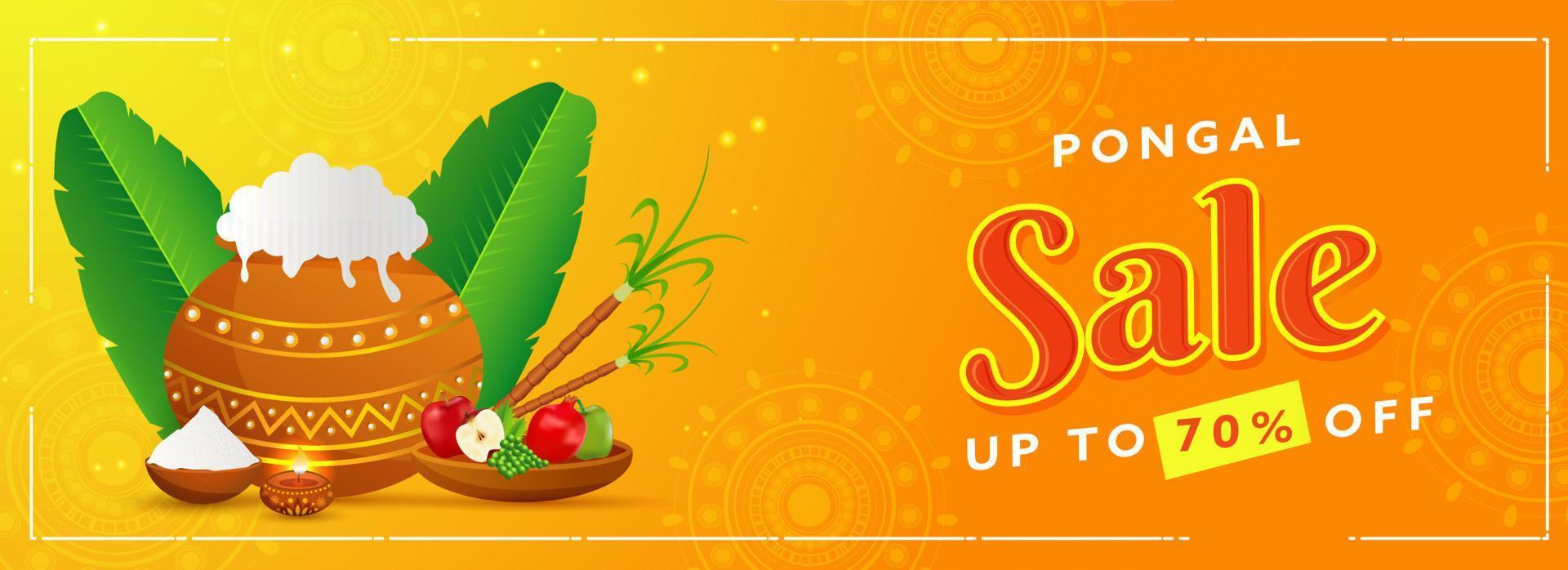 Pongal Sale Header Or Banner Design With Traditional Dish Pot, Fruits, Banana Leaves And Sugarcane. vector