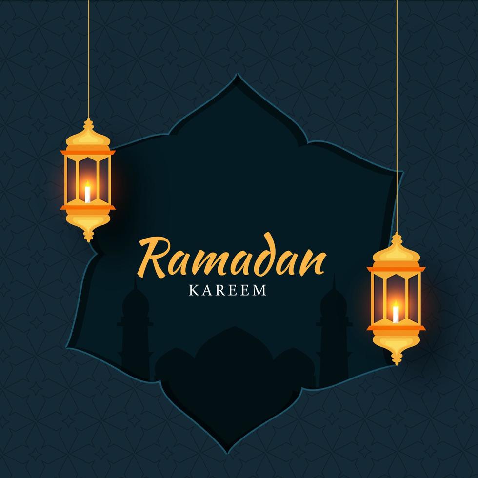 Islamic Holy Month of Ramadan Concept with Hanging Illuminating Lanterns, and Mosque Silhouette on Teal Green Background. vector