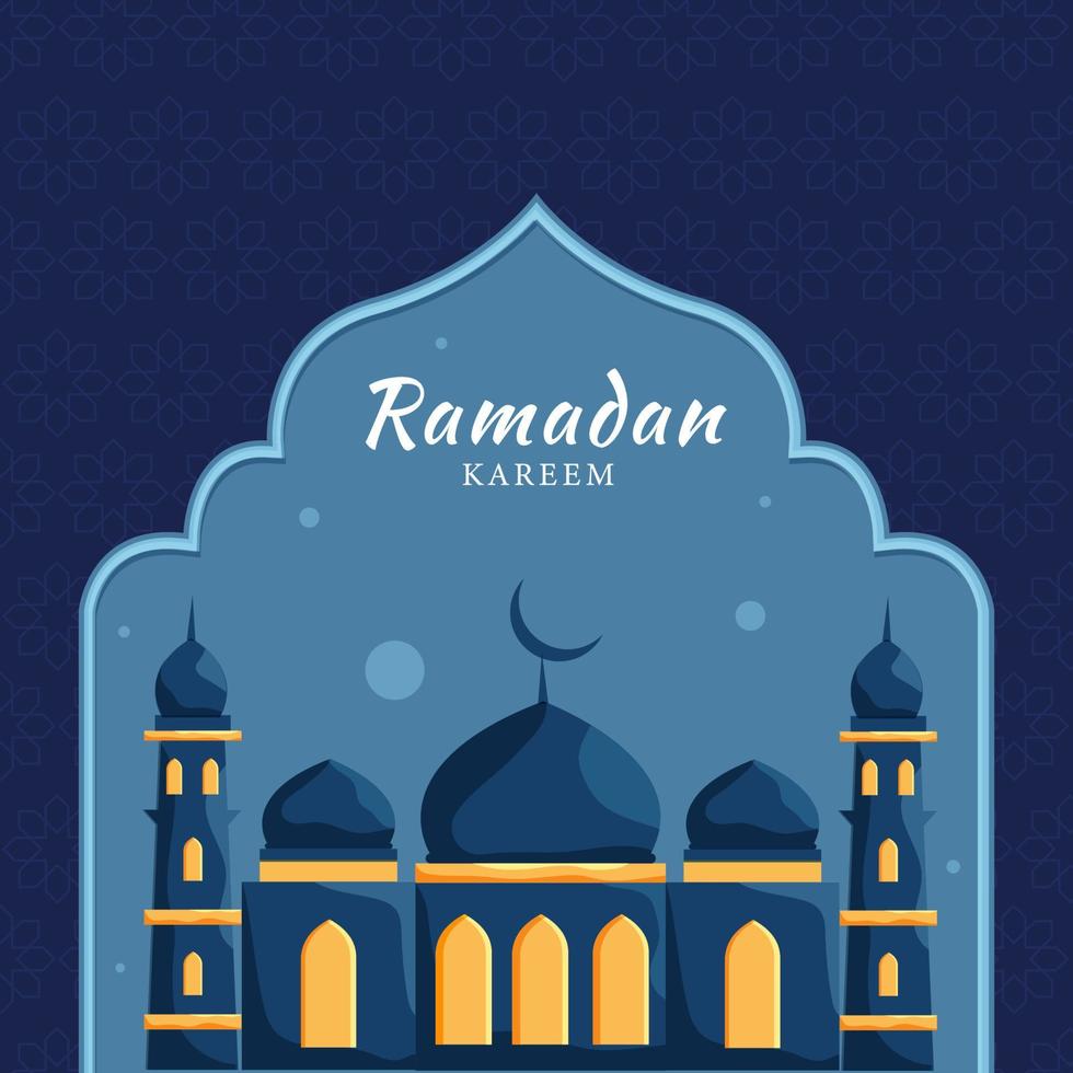 Islamic Holy Month of Ramadan Kareem with Beautiful Mosque on Blue Background. vector