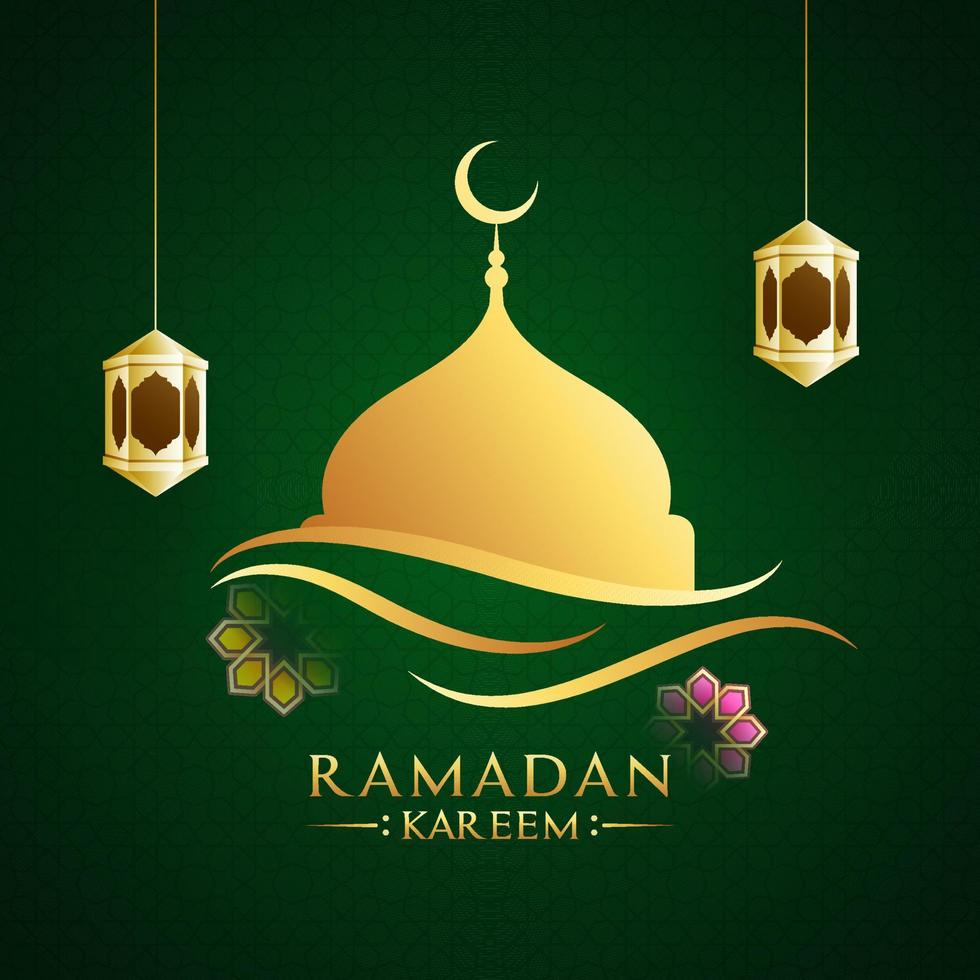 Golden Mosque, and Hanging Arabic Lantersn with Flowers on Green Background for Ramadan Kareem Background. vector