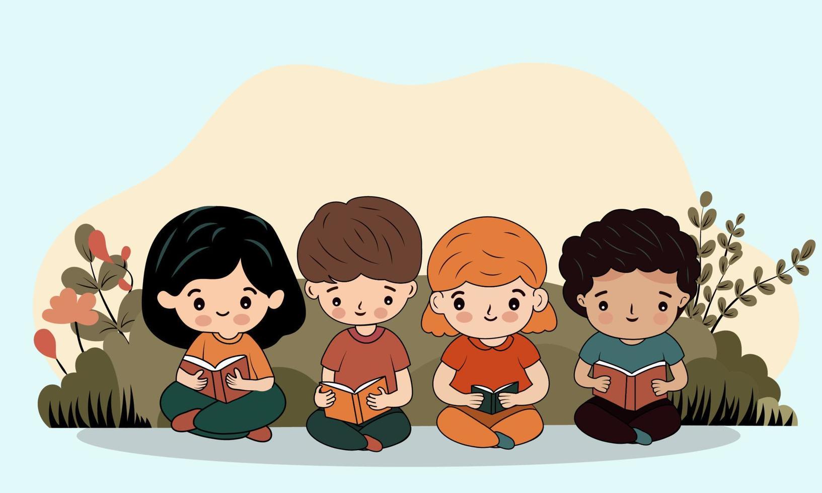 Children Characters  Reading Books In Sitting Pose Against Nature Background. vector