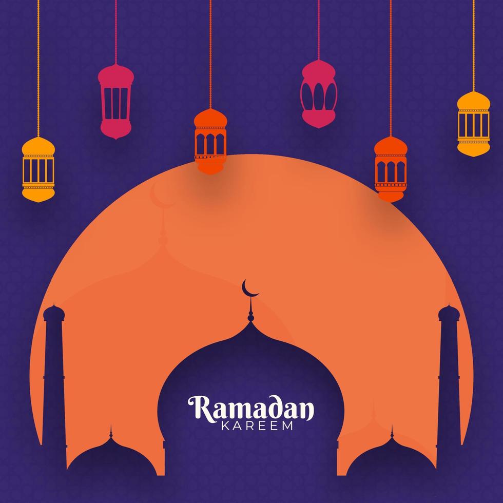 Islamic Holy Month of Ramadan Kareem concept with hanging colorful lanterns, and mosque on purple background. vector