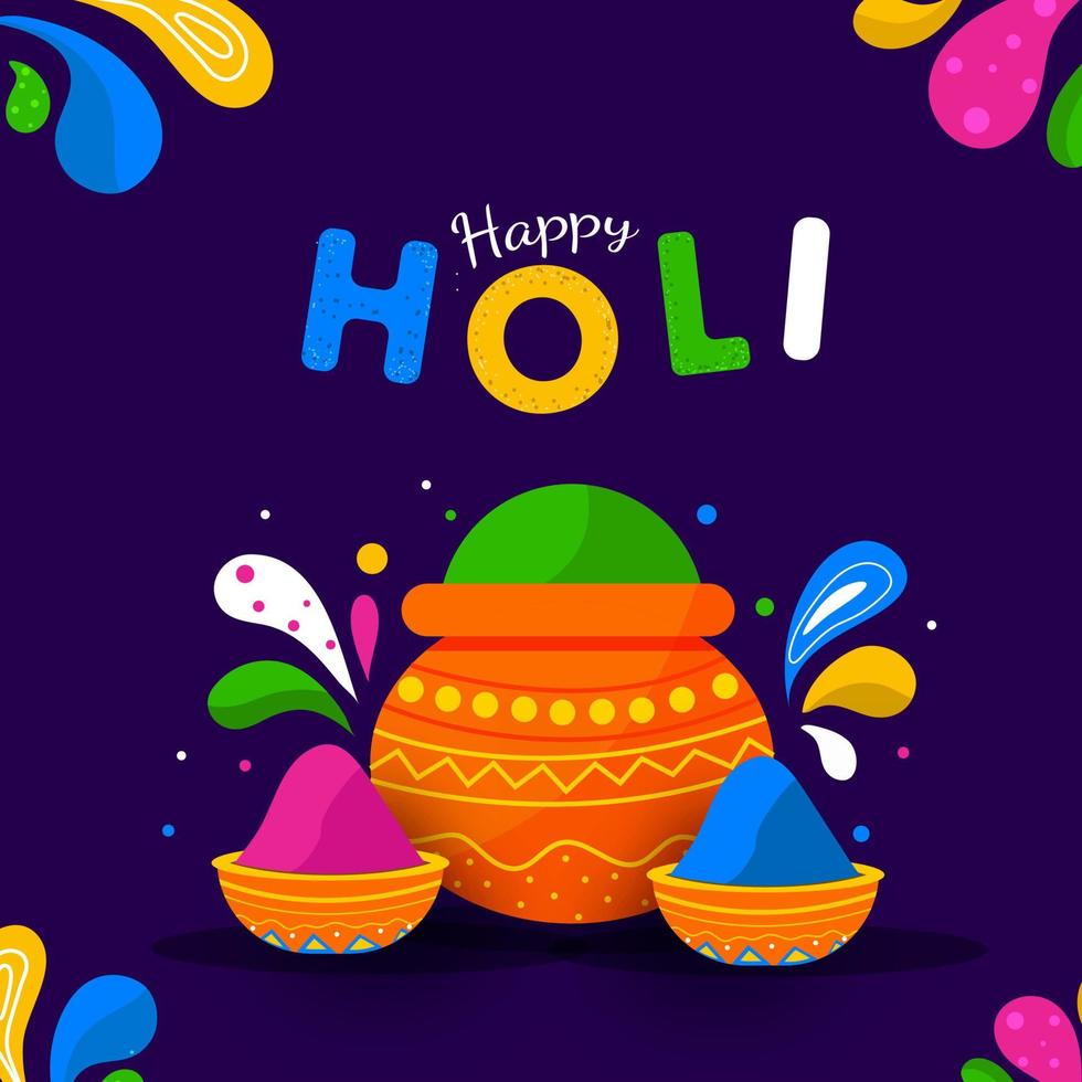 Happy Holi Text with Mud Pot and Bowls Full of Powder on Purple Background Decorated Colorful Arc Drops. vector