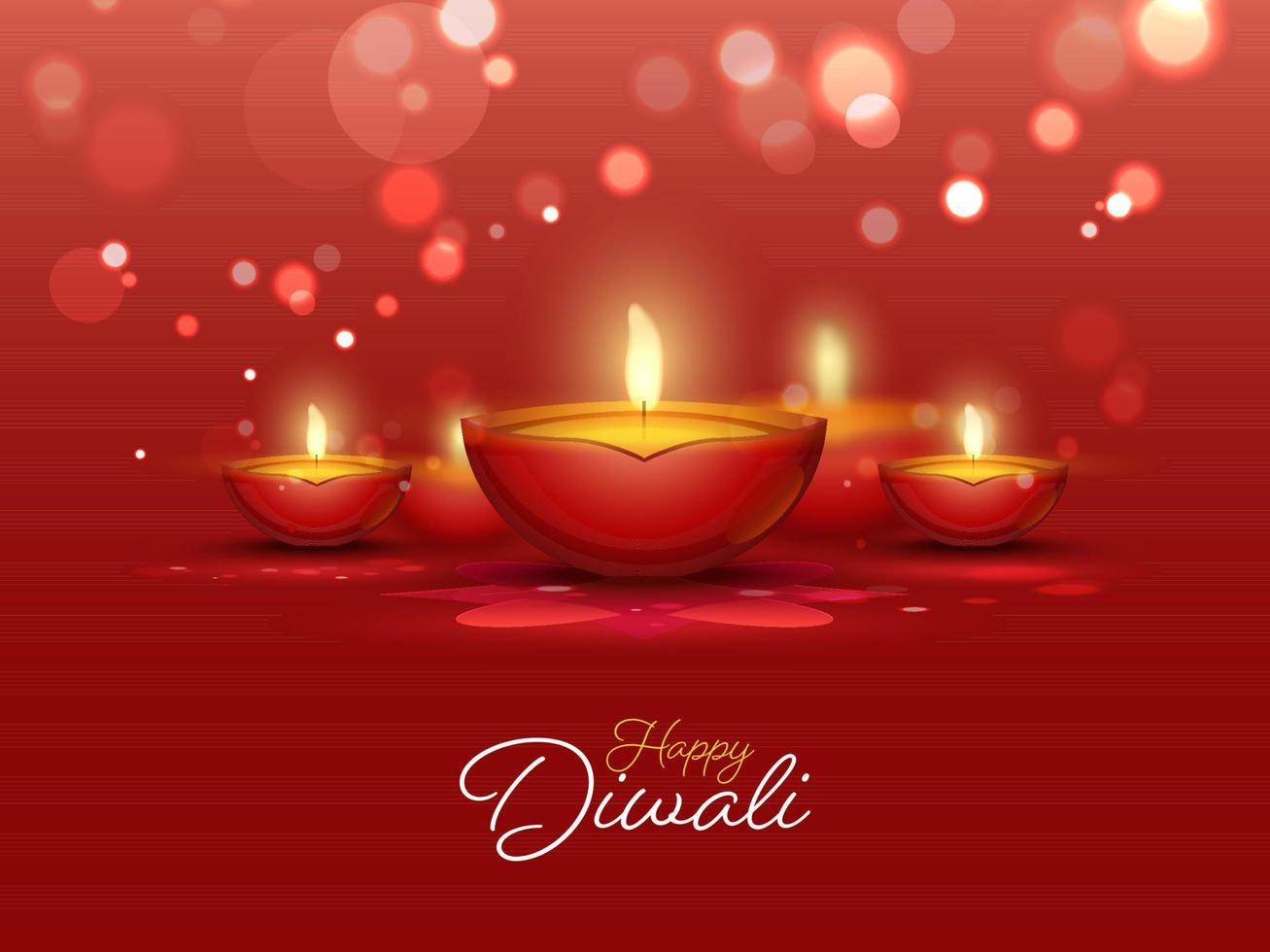 Happy Diwali Celebration Concept with Lit Oil Lamps Decorated on Red Bokeh Background. vector