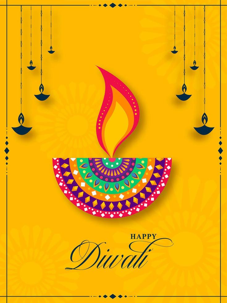 Happy Diwali Celebration Template Design with Creative Lit Oil Lamps Decorated on Yellow Background. vector