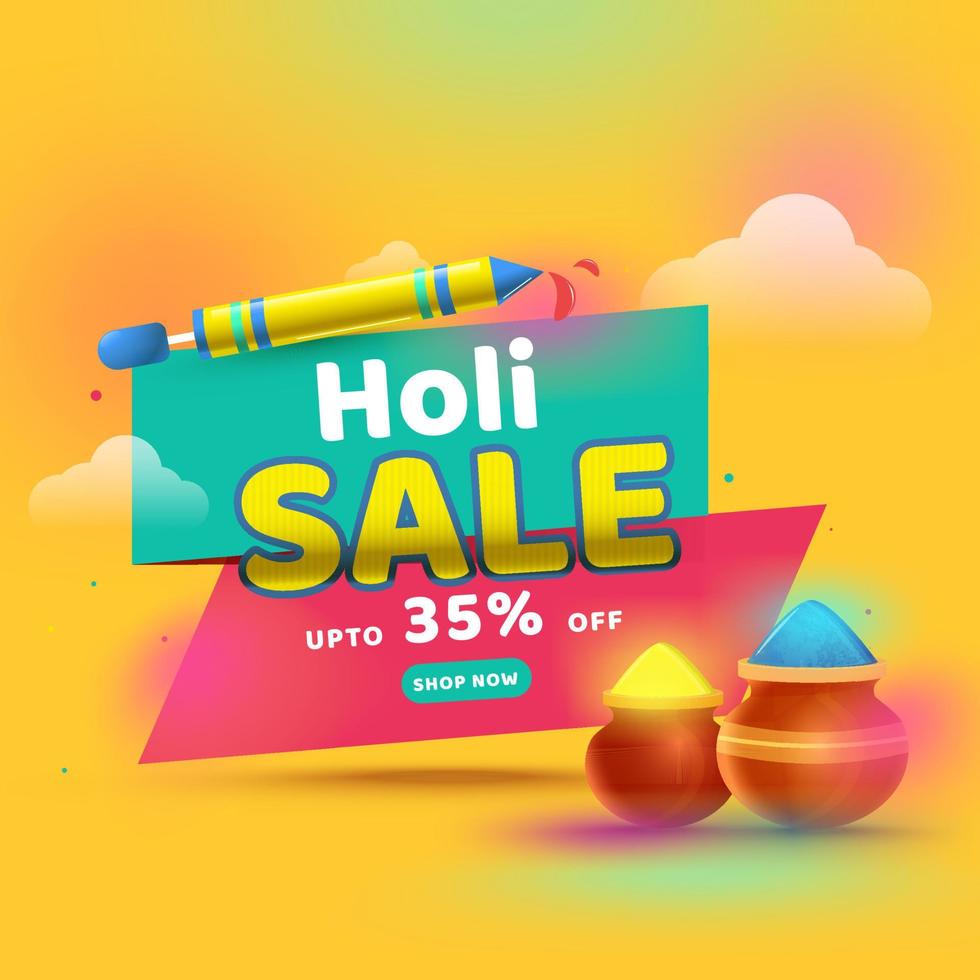 Holi Sale Poster Design With Color Powder In Mud Pots And Water Gun Illustration. vector