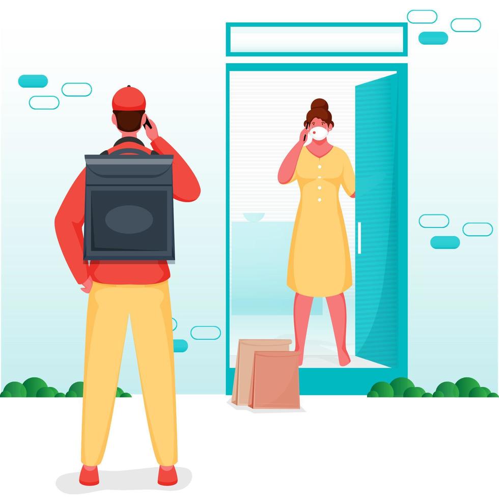 Delivery Boy Talking To Customer Woman From Phone At Door During Coronavirus. Pandemic. vector