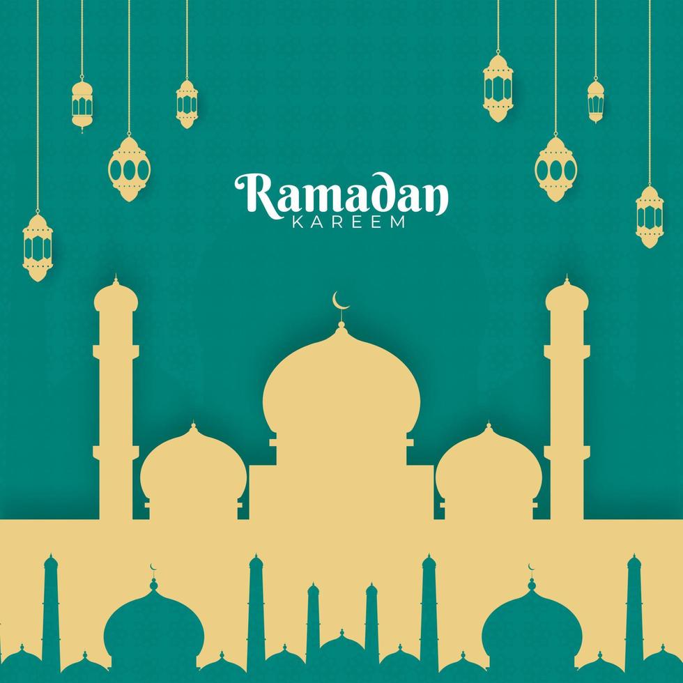 Islamic Holy Month of Ramadan Kareem concept with hanging lanterns, and paper mosque on seagreen background. vector