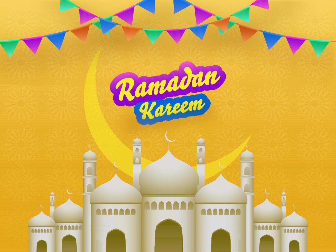 islámico santo mes de oraciones, Ramadán kareem concepto con Exquisito mezquita y vistoso verderón banderas en amarillo antecedentes. vector