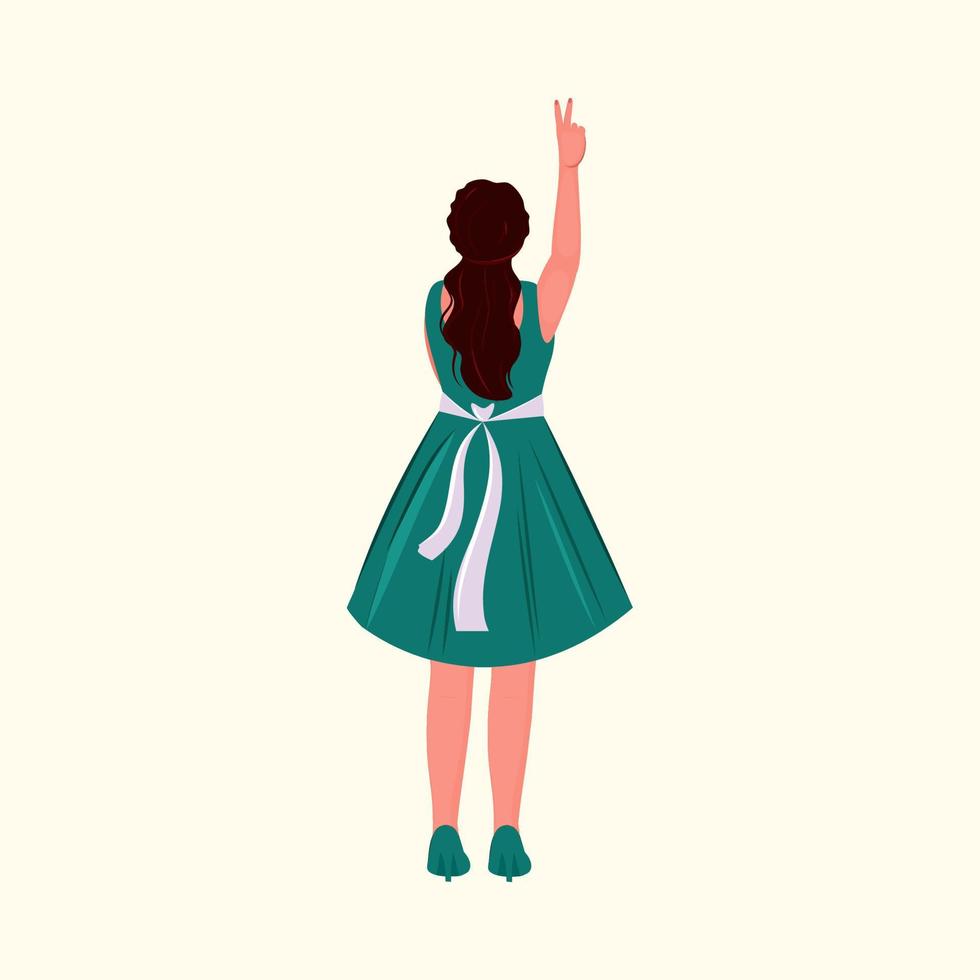 Rear View of Modern Young Girl Showing Peace Sign In Standing Pose. vector