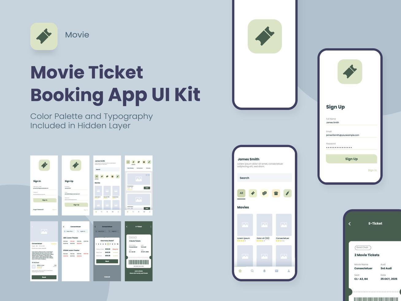 Movie Ticket Booking App UI Kit Including Account Sign In, Sign Up, Booking And Service Type Review Screens For Responsive Website. vector