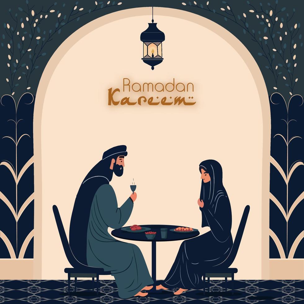 Ramadan Kareem Concept With Muslim Couple Character At Dining Table. vector