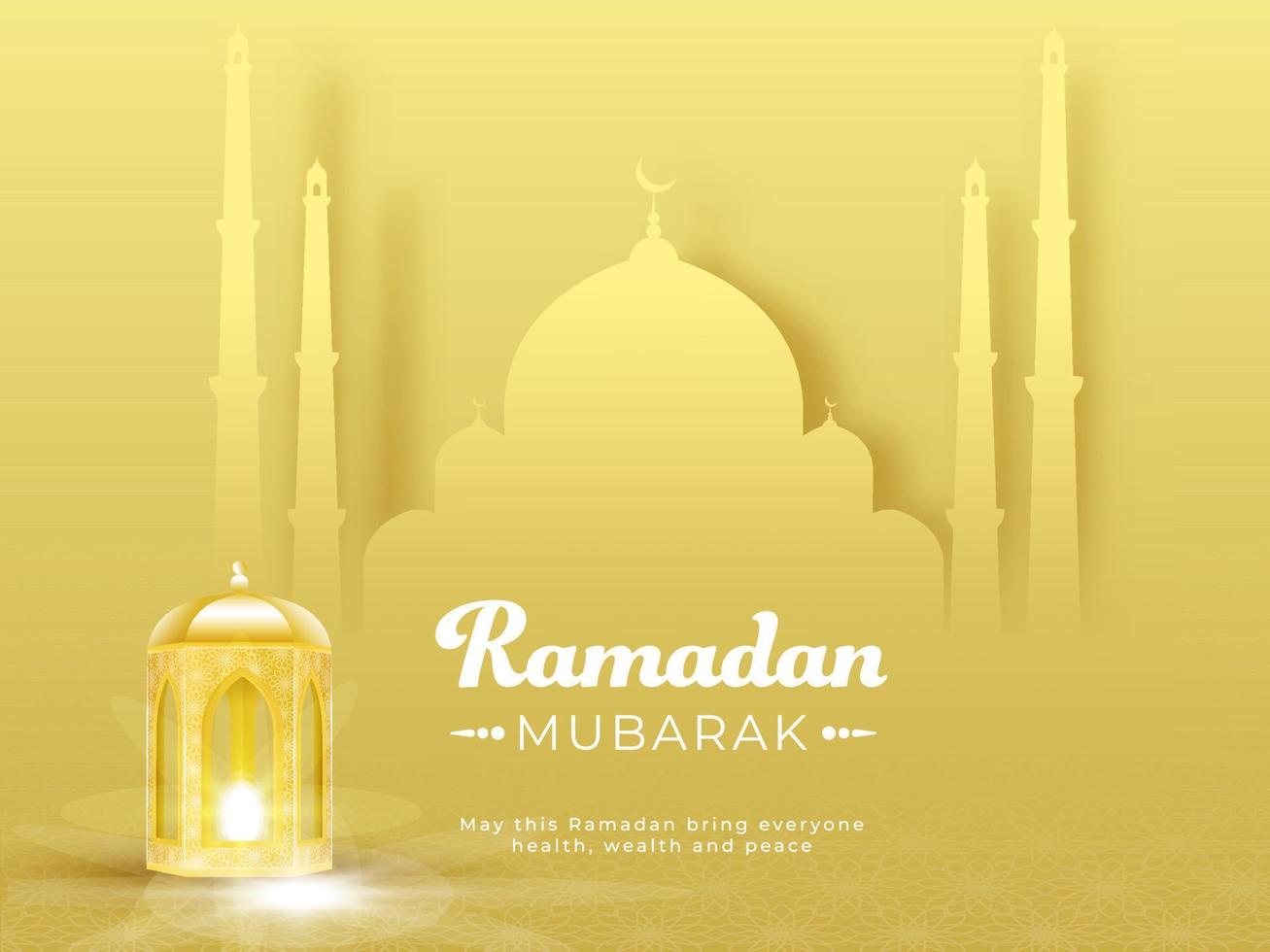 Islamic Holy Month of Ramadan Mubarak with Beautiful Paper Mosque and Illuminated Lantern on Yellow Background. vector