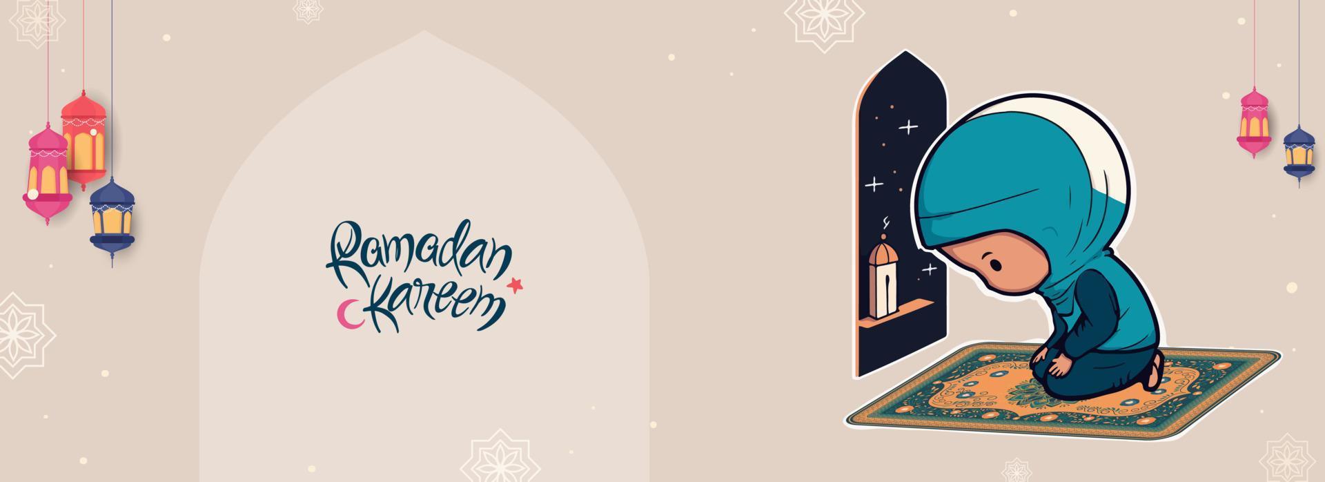 Ramadan Kareem Banner Design With Muslim Girl Offering Namaz On Mat And Hanging Lamps Decorated Background. vector