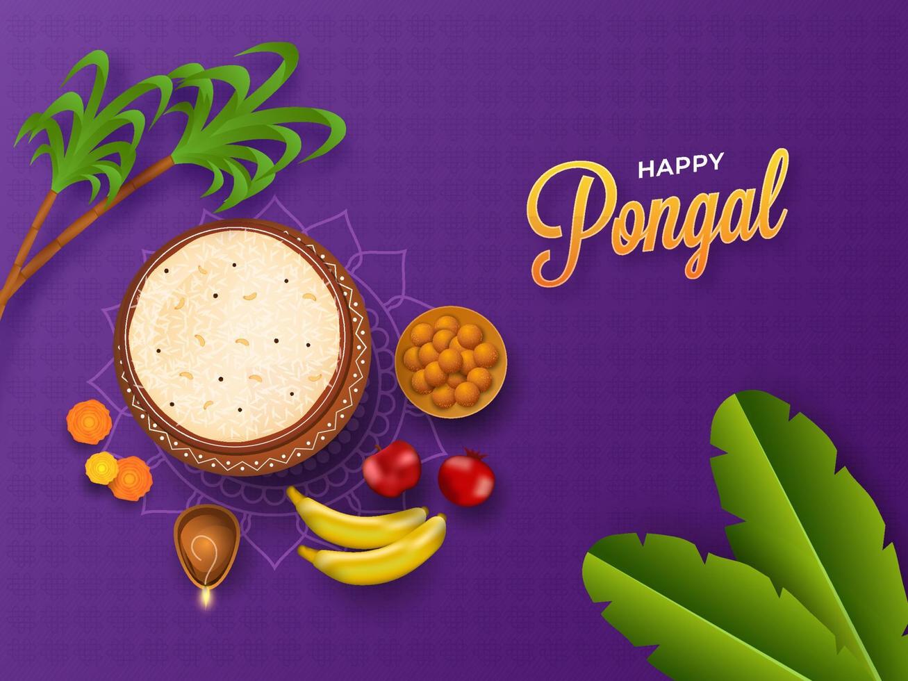 contento pongal celebracion concepto con parte superior ver de pongali arroz en barro maceta, fruta, dulce plátano hojas, Caña de azúcar en púrpura antecedentes. vector