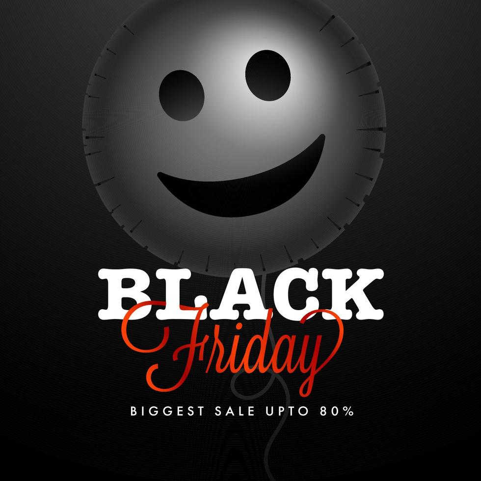negro viernes más grande rebaja póster diseño con sonriente emoji globo. vector