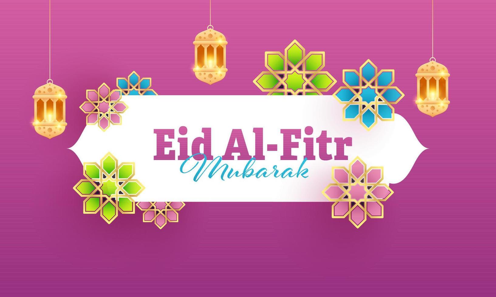 islámico festival eid al-fitr Mubarak bandera con colgando linternas, y vistoso floral modelo en rosado antecedentes. vector