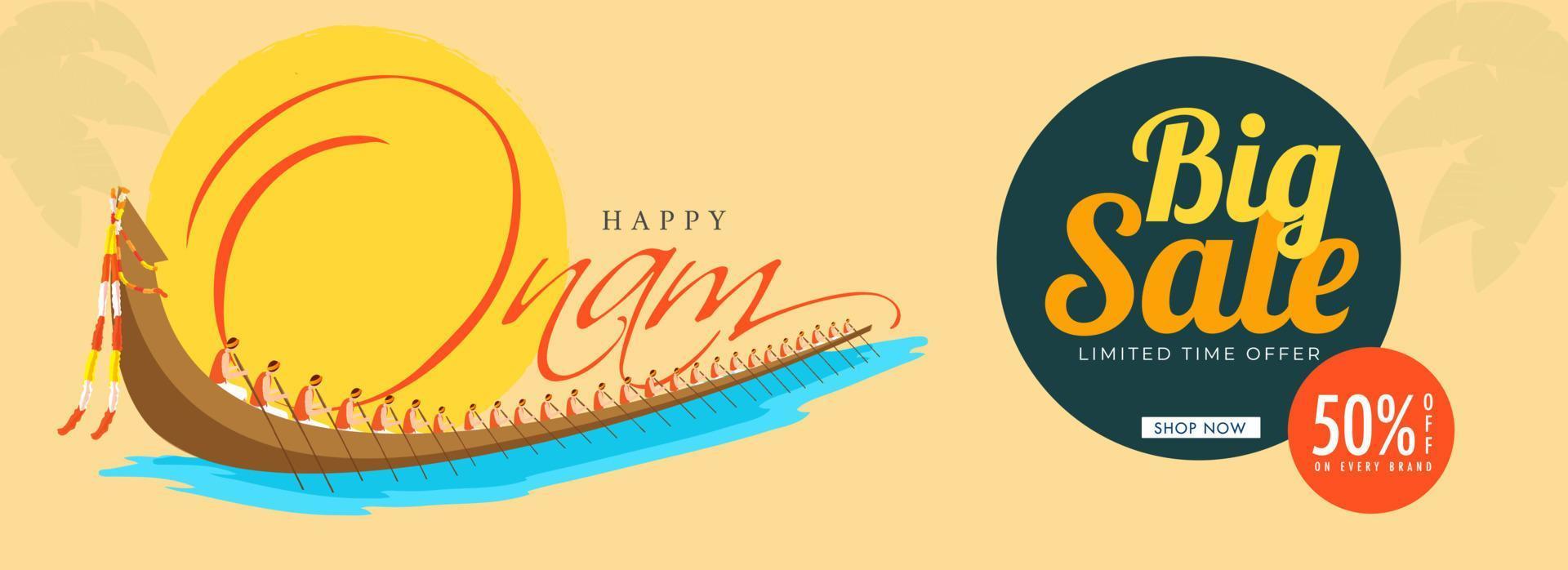 Big Sale Header or Banner Design with Discount Offer and Aranmula Boat Race on the Occasion of Onam Celebration. vector