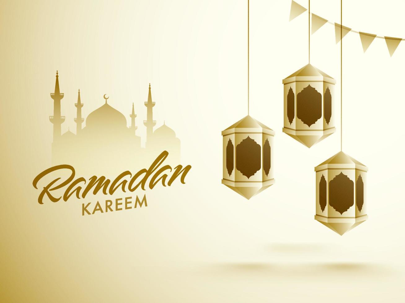 Holy Month of Ramadan Kareem with Hanging Arabic Traditional Lanterns, Mosque Silhouette, and Bunting Flags. vector