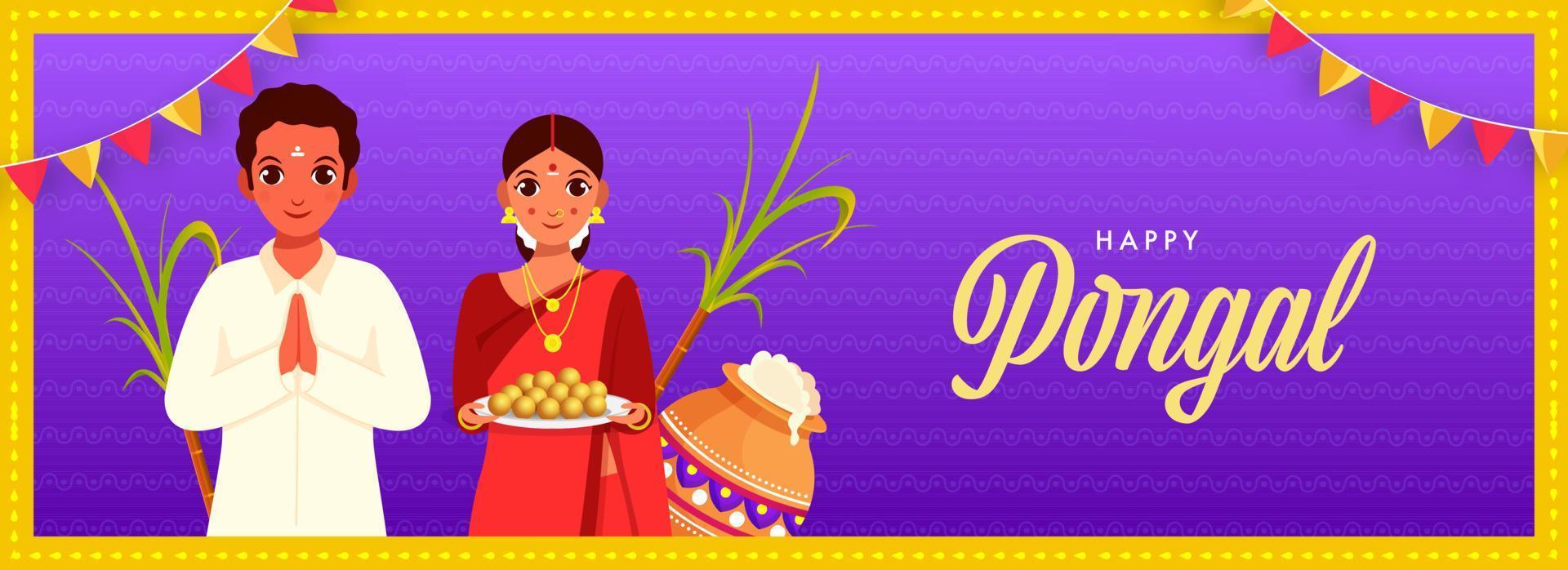 South Indian Couple Greeting With Sweet Plate, Traditional Dish In Mud Pot And Sugarcane On Purple Background For Happy Pongal. vector