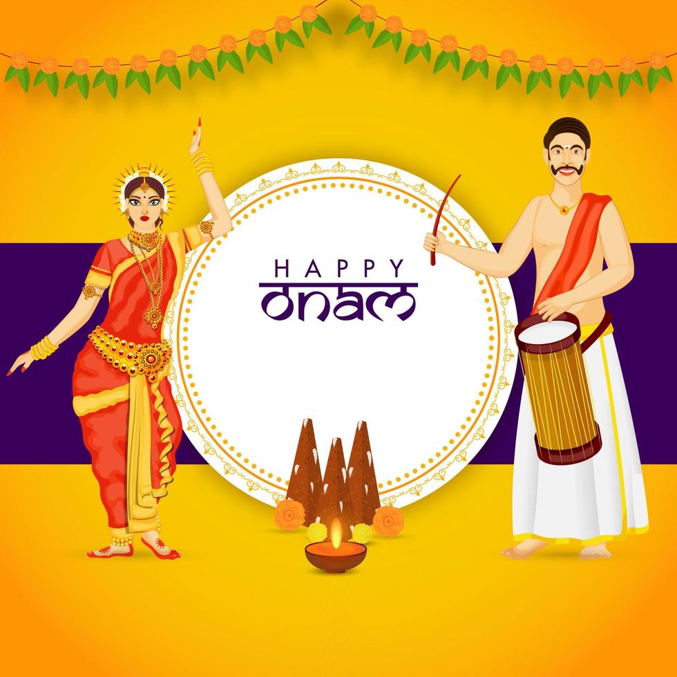 Happy Onam Text in Circular Frame with Thrikkakara Appan Idol, Illuminated Oil Lamp, Indian Woman Doing Classical Dance and South Indian Drummer on Orange Background. vector