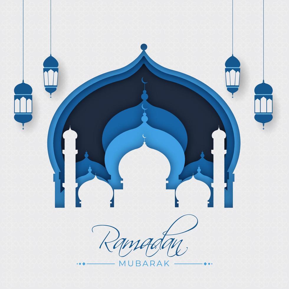 Islamic Holy Month of Ramadan Kareem with paper mosque ad hanging lanterns. vector