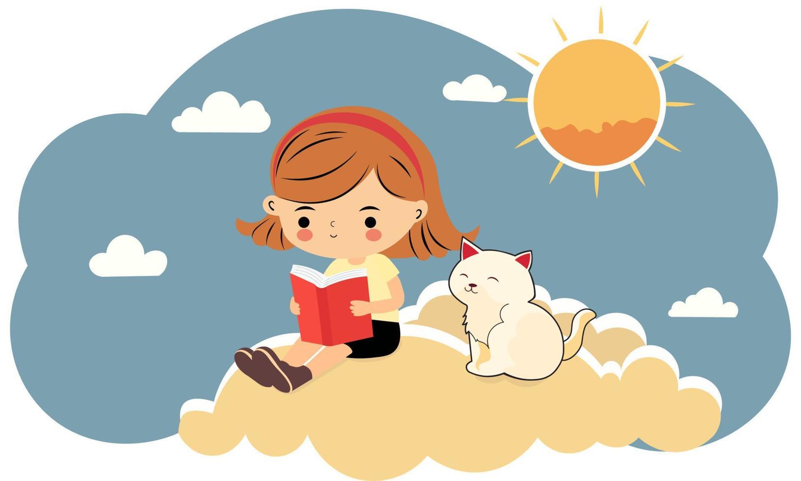 Cute Girl Character Reading A Book Near Cat Sitting, Clouds On Sun Blue And White Background. vector