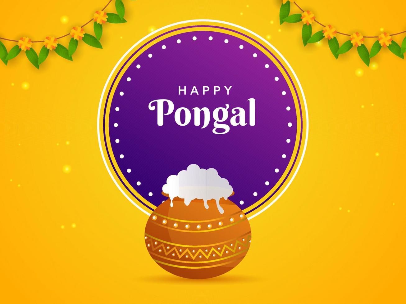 Happy Pongal Celebration Poster Design With Traditional Dish In Mud Pot, Floral Garland On Purple And Yellow Background. vector