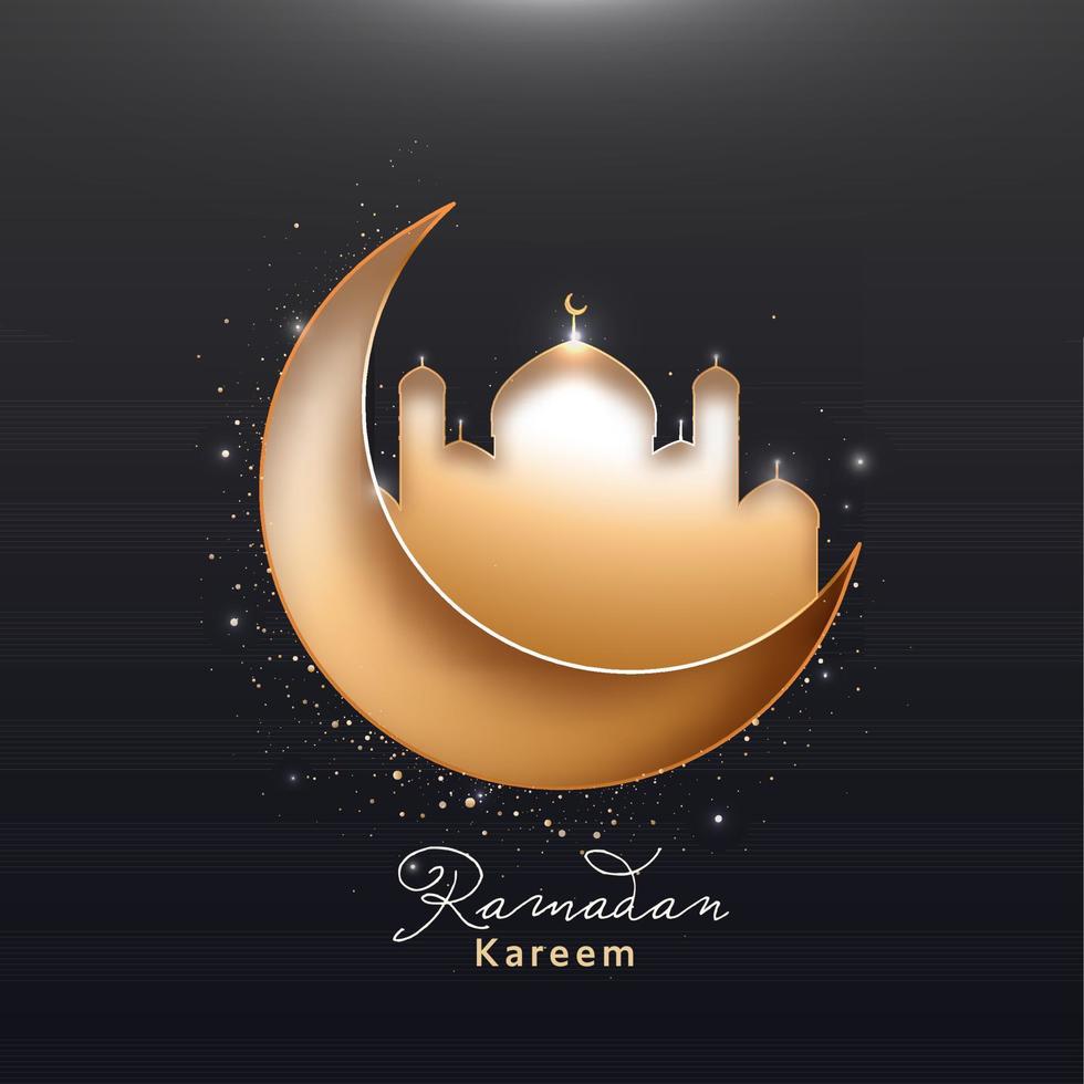 Beautiful crescent moon and mosque on black background. Islamic Holy Month of Ramadan Kareem Concept. vector