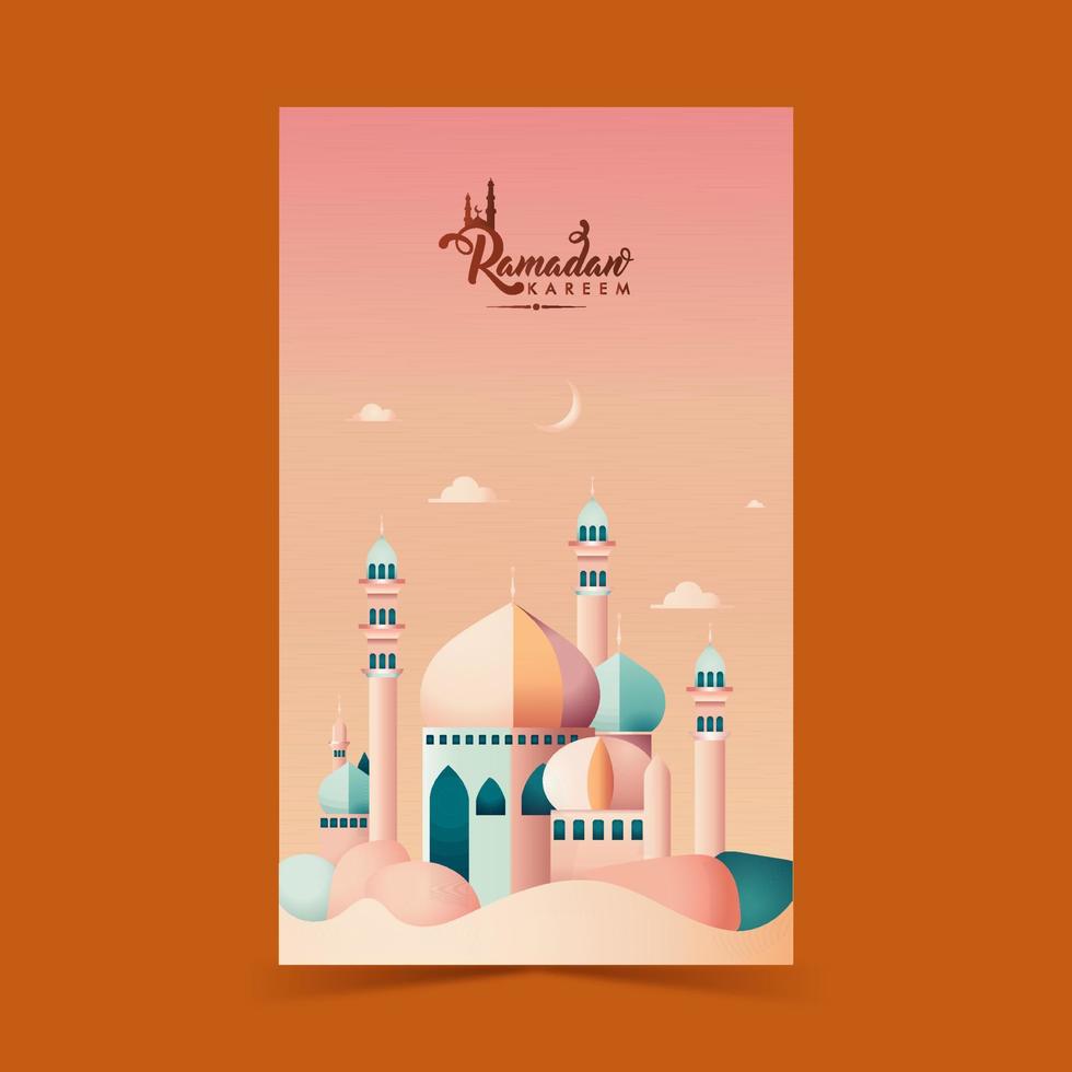 Ramadan Kareem Vertical Banner Design With Beautiful Mosque, Crescent Moon On Gradient Pink Background. vector