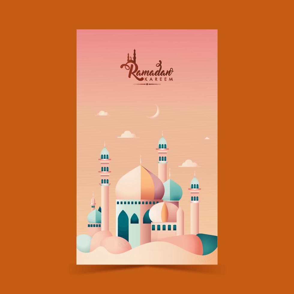 Ramadán kareem vertical bandera diseño con hermosa mezquita, creciente Luna en degradado rosado antecedentes. vector