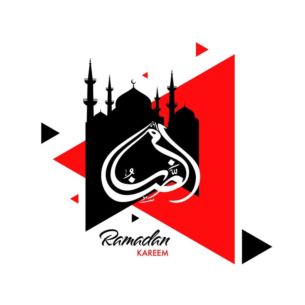 Arabic Islamic Calligraphy text Ramadan Kareem with Mosque Silhouetter on Red Abstract Background. vector