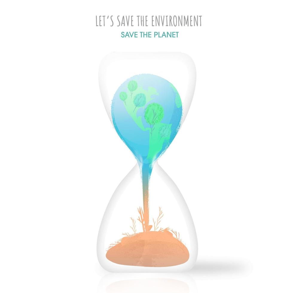 ilustración de tierra hundimiento dentro un arena reloj en blanco antecedentes para salvar el ambiente. vector