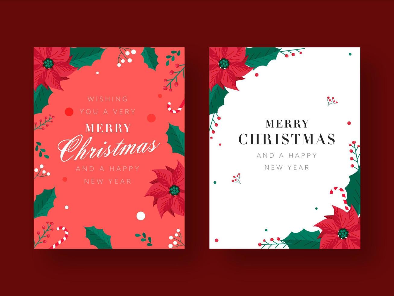 Merry Christmas Happy New Year Greeting Card Decorated With Poinsettia Flowers, Leaves, Berries On Background In Two Color Options. vector