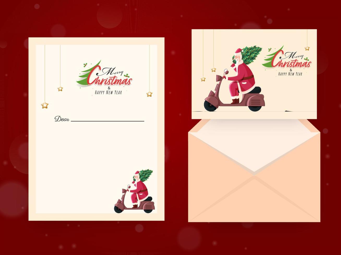 Merry Christmas Happy New Year Greeting Card With Envelope In Front And Back View. vector