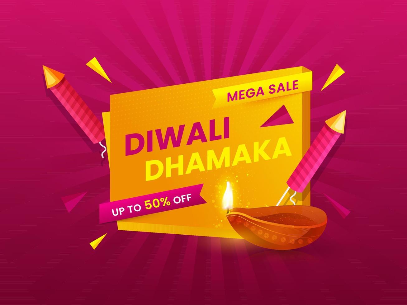 Diwali Mega Sale Poster Design With Lit Oil Lamp And Firework Rockets. vector