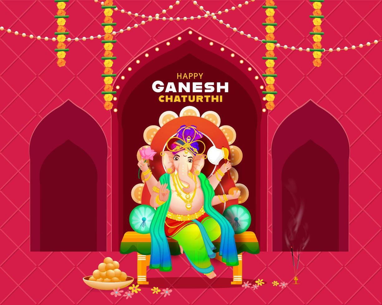 hindú mitología señor ganesha en trono ídolo con incienso estar y indio dulce para contento ganesh chaturthi celebracion. vector