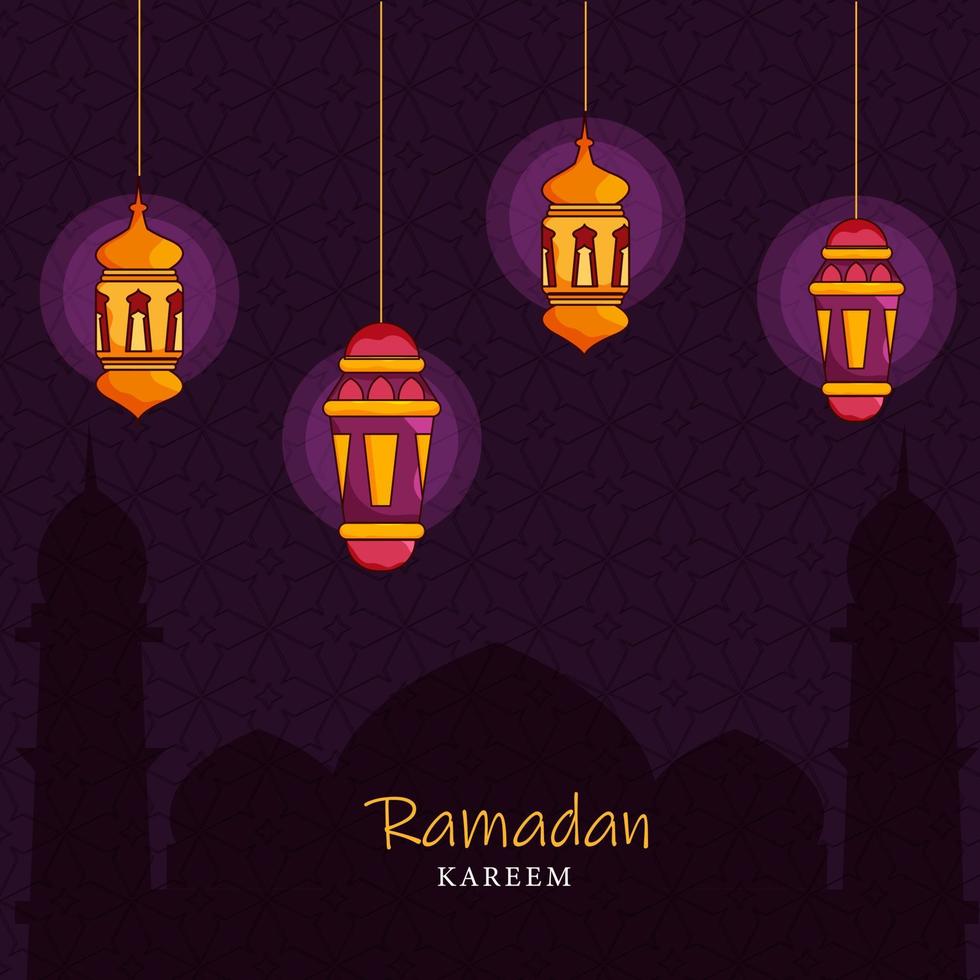 islámico santo mes de Ramadán concepto con colgando esclarecedor linternas, y mezquita silueta en púrpura antecedentes. vector