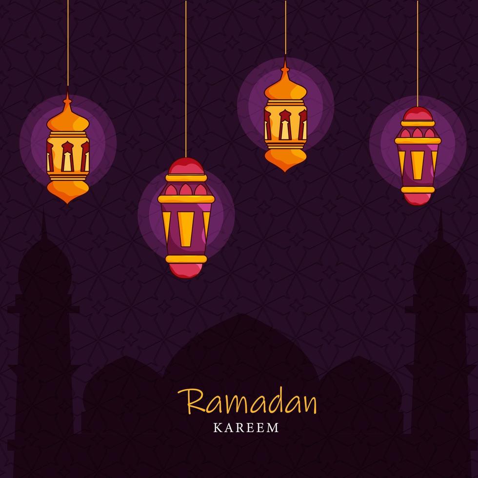 Islamic Holy Month of Ramadan Concept with Hanging Illuminating Lanterns, and Mosque Silhouette on Purple Background. vector