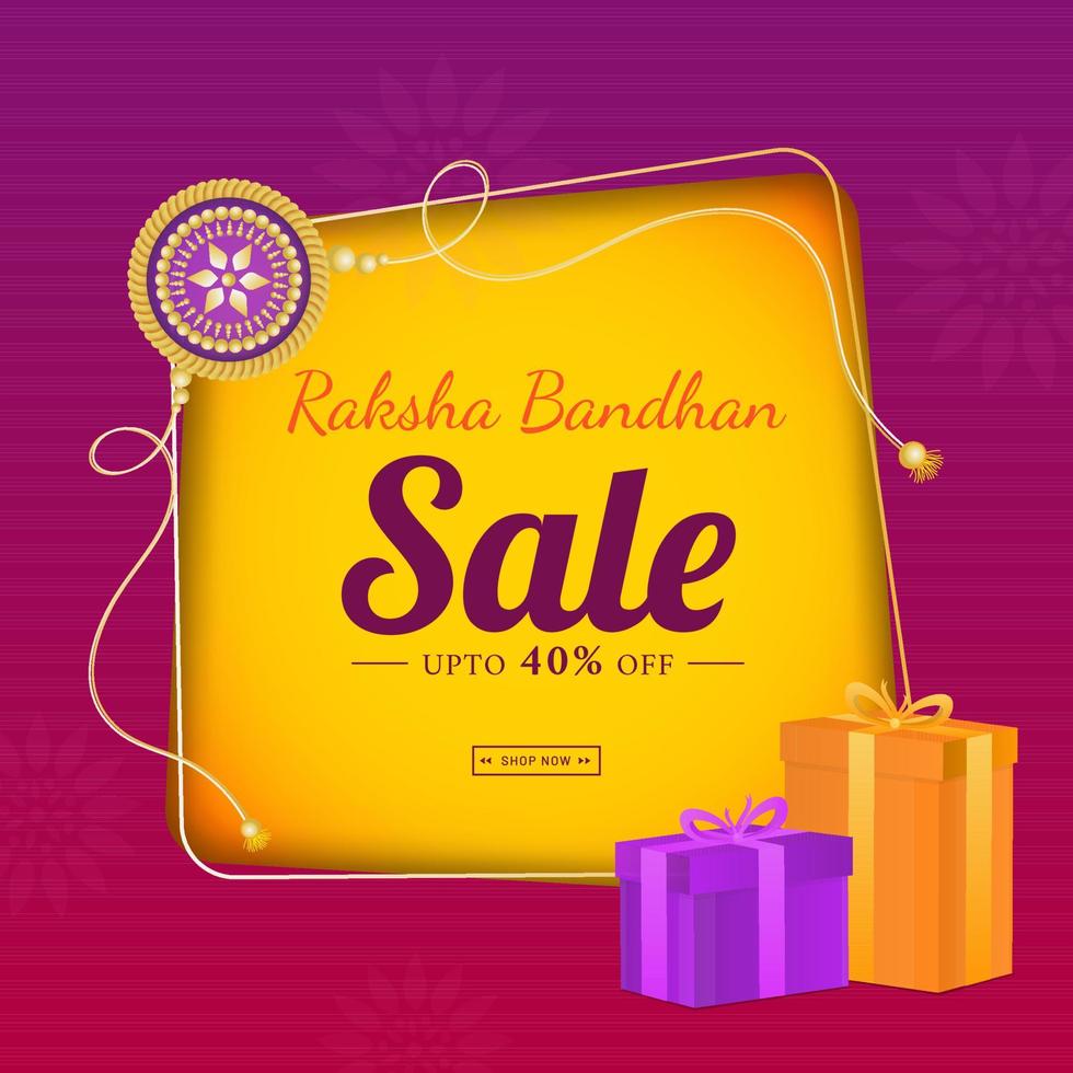 Raksha Bandhan Sale Poster Design with Rakhi and Gift Boxes. vector