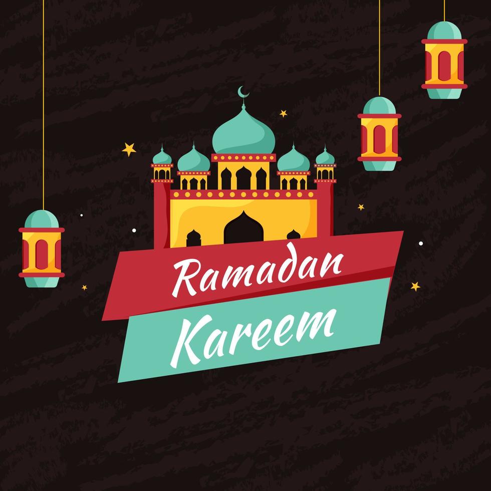 Islamic Holy Month of Ramadan Kareem with Illuminated Lanterns, and Beautiful Mosque on Brown Background. vector