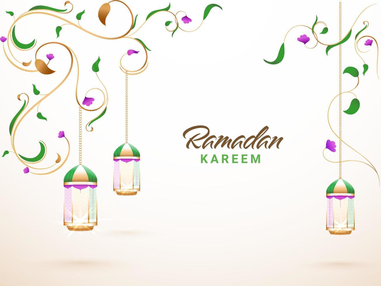 Islamic holy month of Ramadan Kareem concept with hanging lanterns and colorful floral. vector