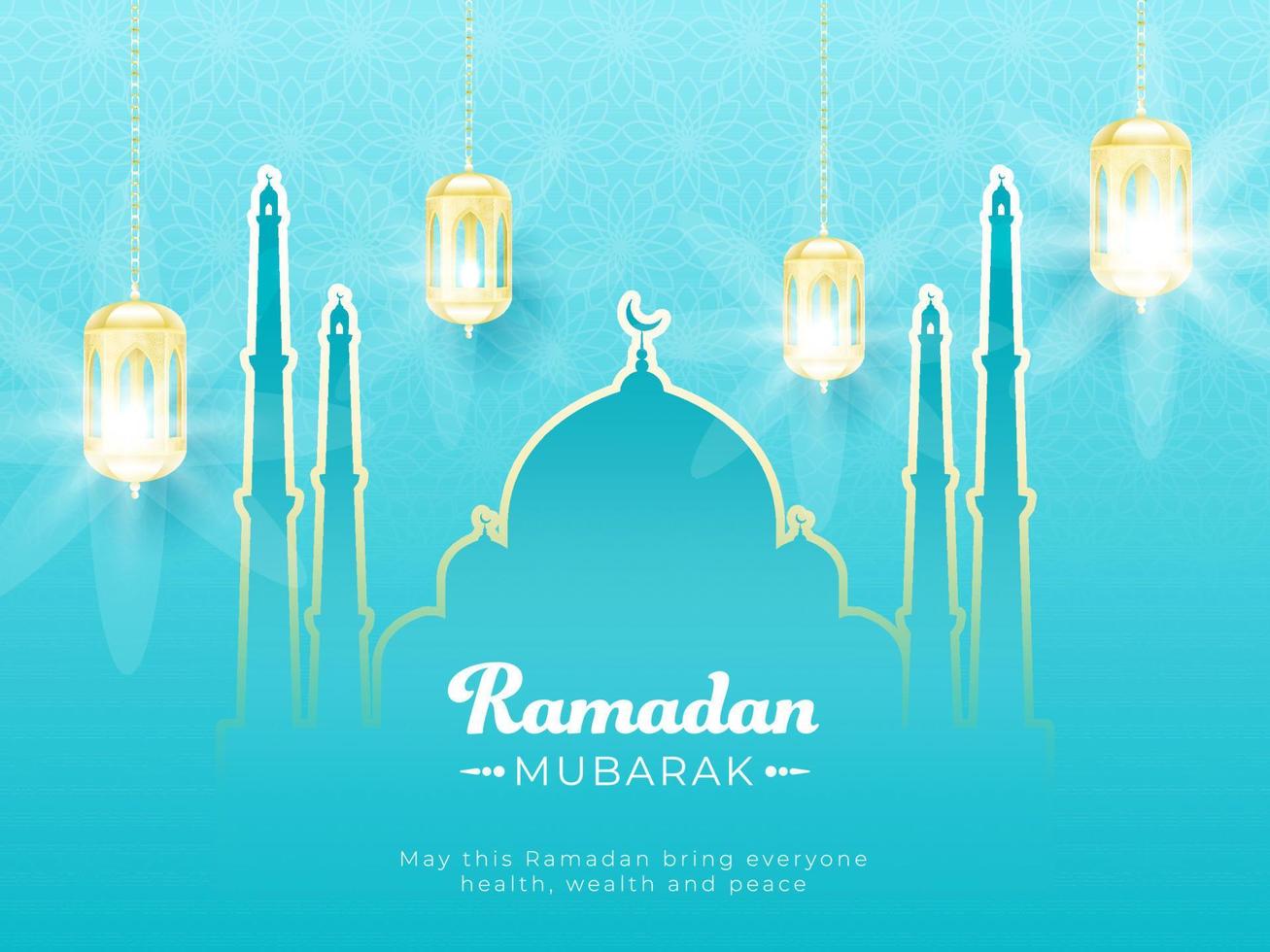 Islamic Holy Month of Ramadan Mubarak with Illuminated Lanterns and Line-art Mosque on Skyblue Background. vector