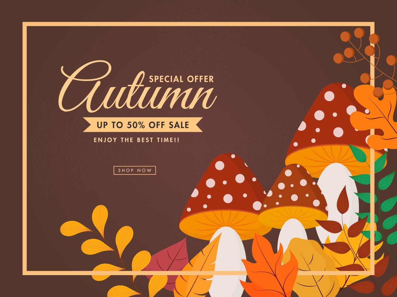 Autumn Sale Poster Design with Discount Offer, Colorful Leaves, Mushroom and Berry Branch Decorated on Brown Background. vector
